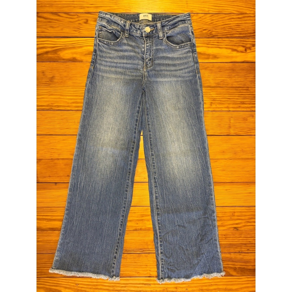 BKE Youth Wide Leg Jeans Girls 14S Medium Wash  Adjustable Stretch Raw Hem